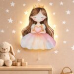 Prinses kroon en hart LED-wandnachtlamp | Houten LED nachtlamp