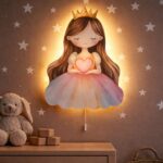 Prinses kroon en hart LED-wandnachtlamp | Houten LED nachtlamp
