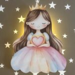 Prinses kroon en hart LED-wandnachtlamp | Houten LED nachtlamp