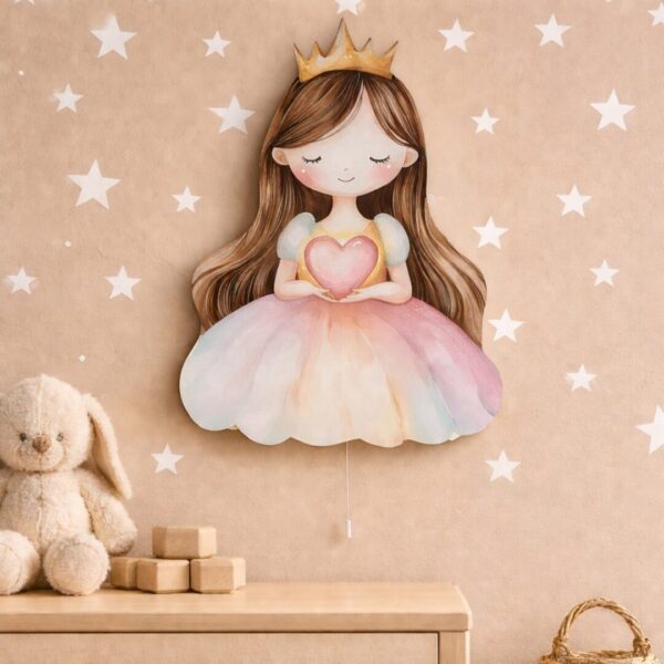 Prinses kroon en hart LED-wandnachtlamp | Houten LED nachtlamp