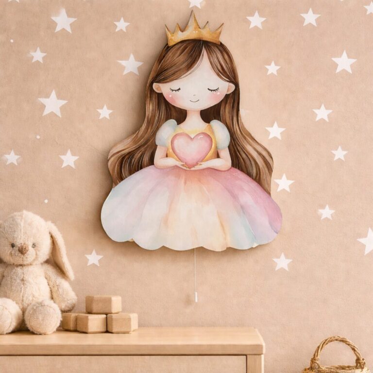 Prinses kroon en hart LED-wandnachtlamp | Houten LED nachtlamp