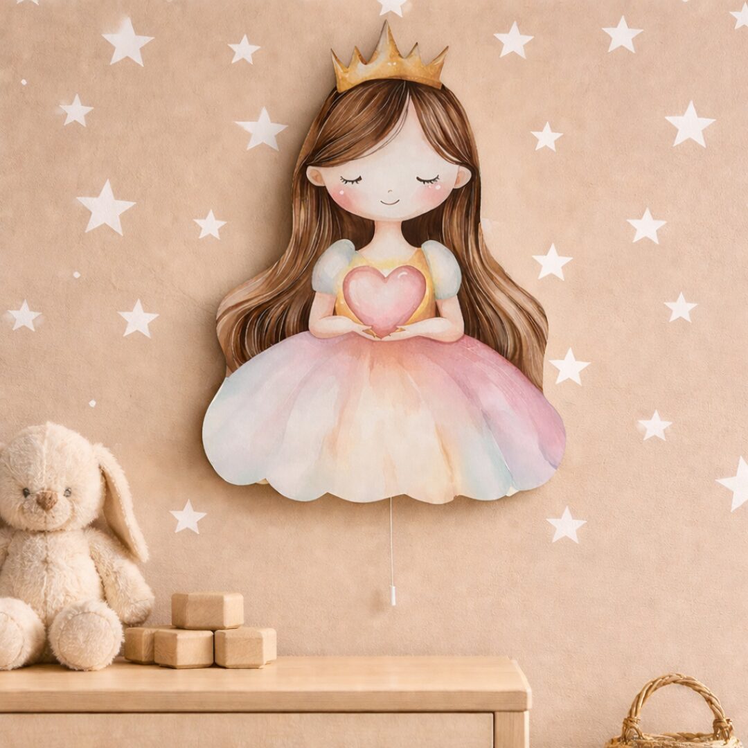Prinses kroon en hart LED-wandnachtlamp | Houten LED nachtlamp Prinses kroon en hart LED-wandnachtlamp | Houten LED nachtlamp