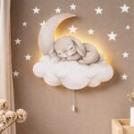 Slapend konijn op maan en wolk LED-wandnachtlamp | Houten LED nachtlamp