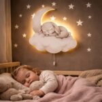 Slapend konijn op maan en wolk LED-wandnachtlamp | Houten LED nachtlamp