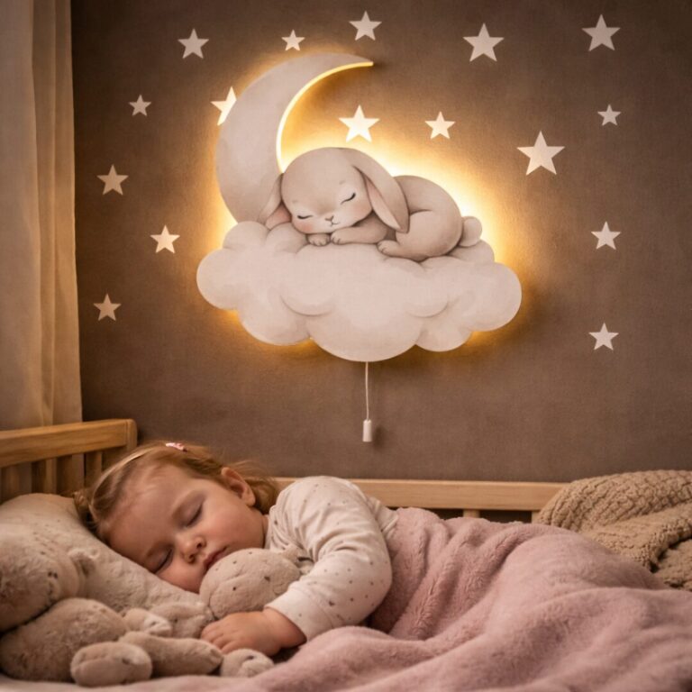 Slapend konijn op maan en wolk LED-wandnachtlamp | Houten LED nachtlamp