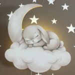 Slapend konijn op maan en wolk LED-wandnachtlamp | Houten LED nachtlamp