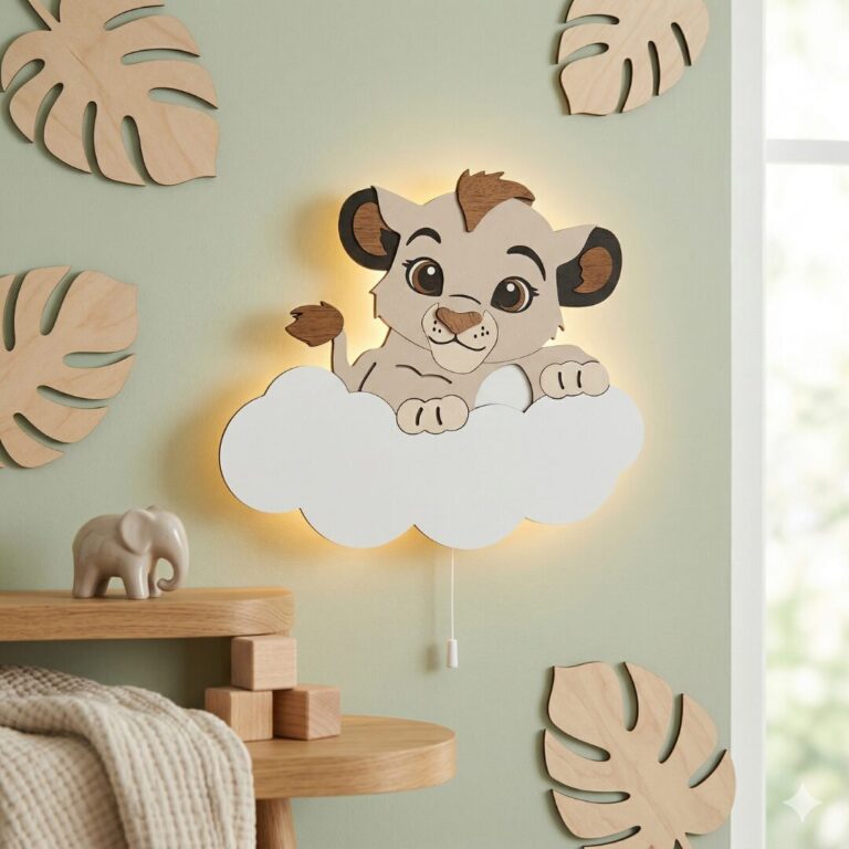 Gepersonaliseerde leeuwenwelp op wolk LED-wandnachtlamp | Houten LED nachtlamp