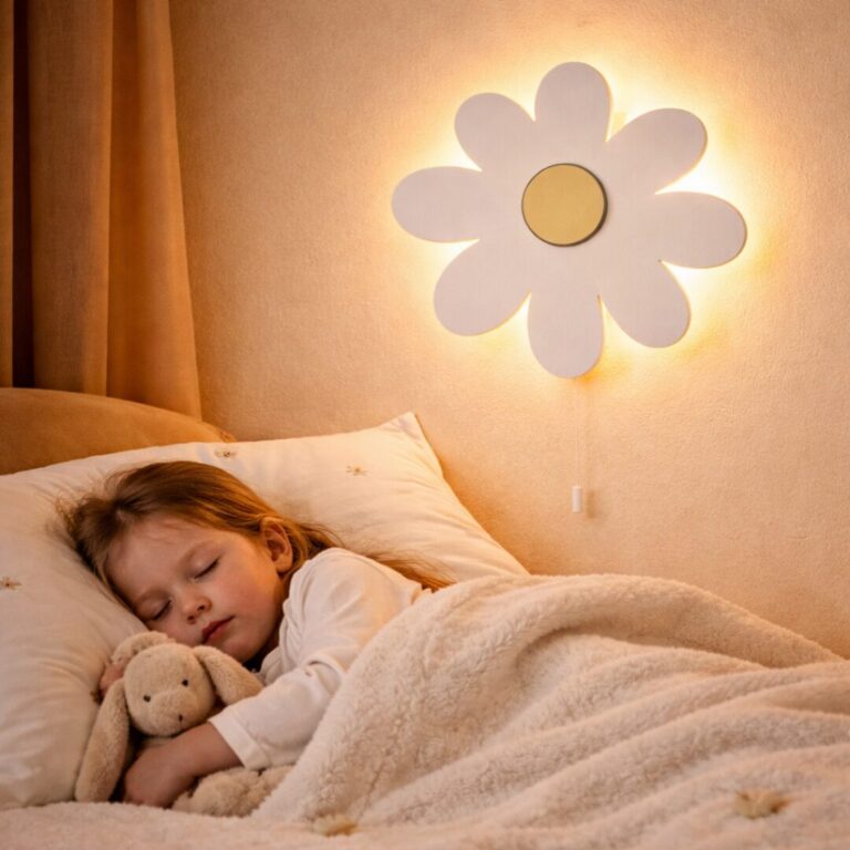 Madeliefje LED-wandnachtlamp van hout | Houten LED nachtlamp