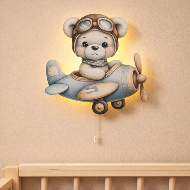 Wandnachtlamp witte beer met vliegtuig aquarel | Houten LED nachtlamp