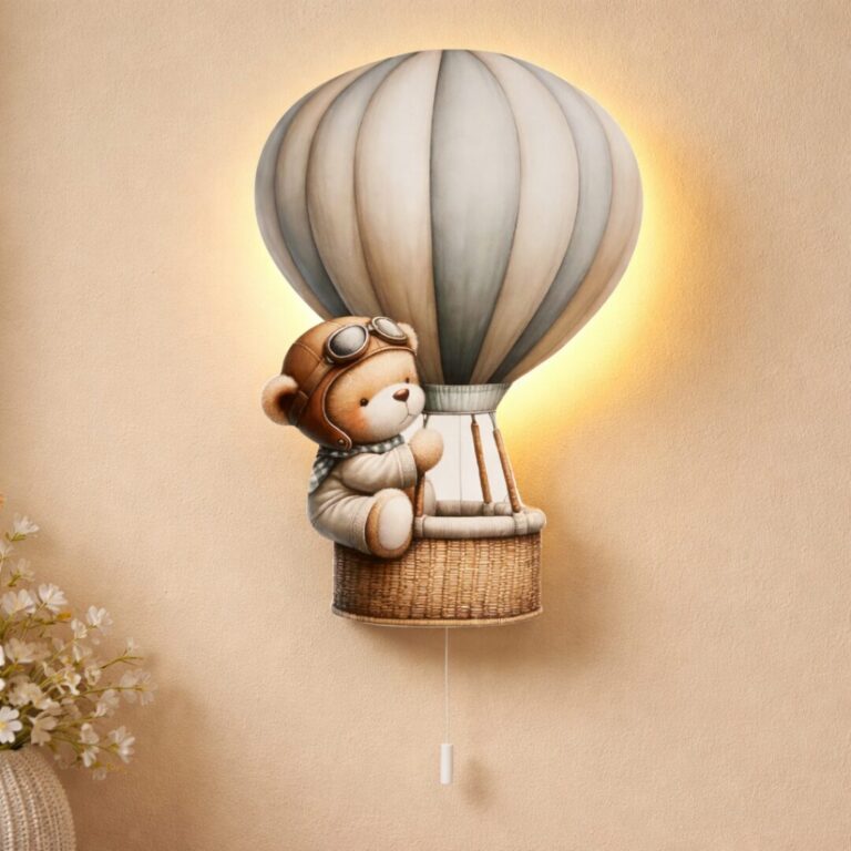 Wandnachtlamp beer in luchtballon | Houten LED nachtlamp
