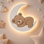 Slapend beertje op maan LED-wandnachtlamp | Houten LED nachtlamp