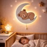 Slapend beertje op maan LED-wandnachtlamp | Houten LED nachtlamp